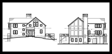 Rendering of contemporary new residence in Albemarle County, Virginia, with stone fireplace and large glass windows, designed by Candace M.P. Smith Architect