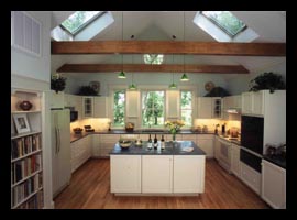 New kitchen with skylights for renovated farm house in Charlottesville, Virginia, designed by Candace Smith Architect