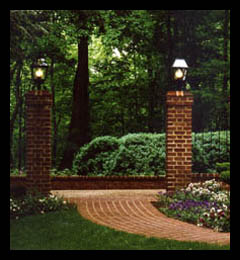 New garden piers, gates, custom lantern and brick walkway designed by architect Candace Smith, AIA, for historic home in Albemarle County, Virginia
