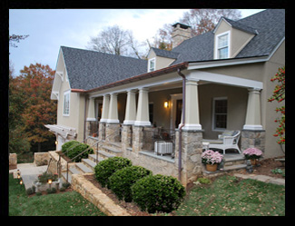 New craftsman porch addition with pergola beyond for renovated residence in Charlottesville, Virginia, designed by Candace M.P. Smith Architect