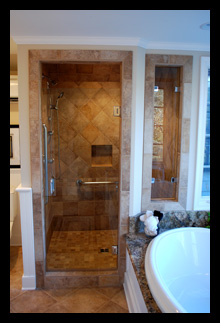 New master bath addition with granite and tile shower, tub deck and bay window designed by architect Candace Smith, AIA, for home in Charlottesville, Virginia