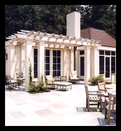 New pergola, terrace and kitchen wing addition designed by architect Candace Smith, AIA, for residence in Albemarle County, Virginia