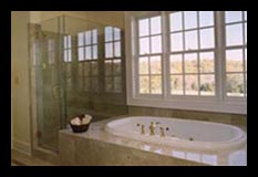 Modern master bath and shower in residence in Albemarle County, Virginia, designed by Candace Smith Architect