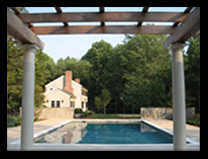 New swimming pool, garden walls and pergola designed by Candace Smith Architect for home in Charlottesville, Virginia