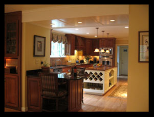 New kitchen, lighting, wine rack and island for existing house in Albemarle County, designed by Candace Smith Architect