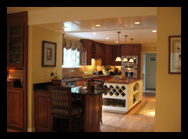 New kitchen, lighting, wine rack and island for existing house in Albemarle County, designed by Candace Smith Architect
