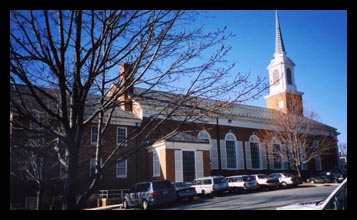 Slate roof and brick pavilion mark the new side entry and ramp designed by Candace Smith Architect for the First Presbyterian Church in Charlottesville, Virginia