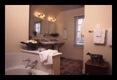 Guest bath with pedestal sinks at new residence in Albemarle County, Virginia, designed by Candace Smith Architect